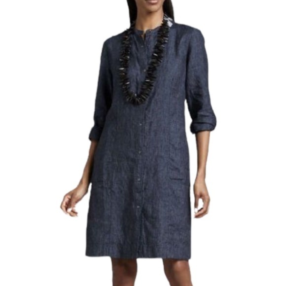 Eileen Fisher Washed Linen Snap Button Front Shirt Dress Blue - Picture 1 of 5